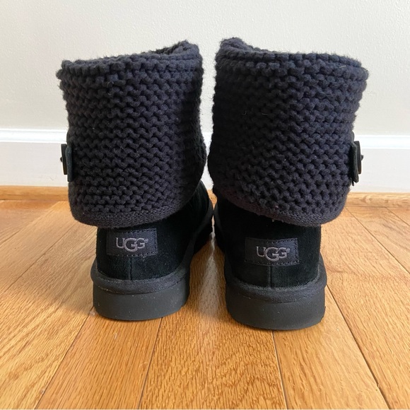 UGG Shaina Boots Women's 7 Black Suede Knit Cuff Lined Winter Snow Shearling EUC - Picture 3 of 13